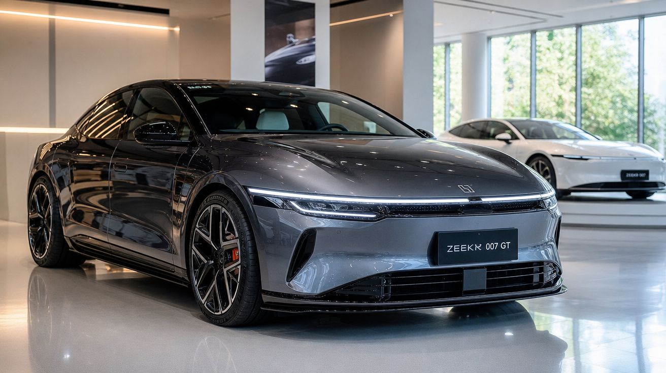 Carro elétrico cinza ZEEKR 007 GT estacionado em showroom moderno com outro carro ao fundo.