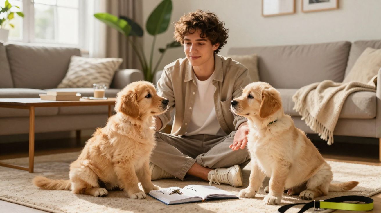 Jovem sentado no chão em sala a interagir com dois cachorros Golden Retriever ao lado de um livro aberto.