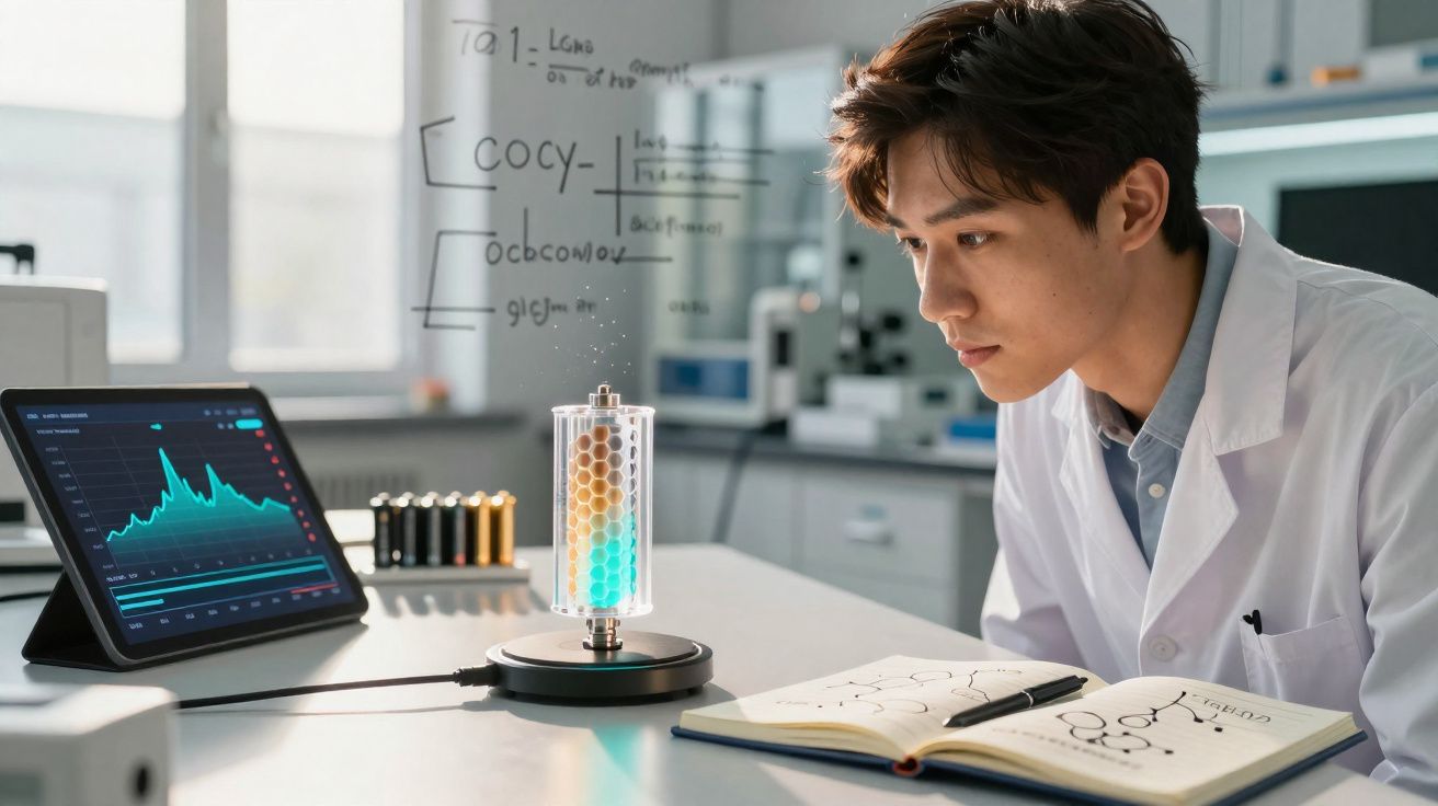 Cientista em bata branca observa experiência com dispositivo luminoso e gráficos num laboratório moderno.