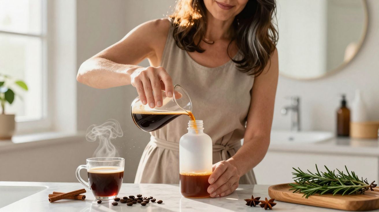 Mulher a verter café quente de jarro para garrafa em cozinha luminosa com especiarias e ervas na bancada.