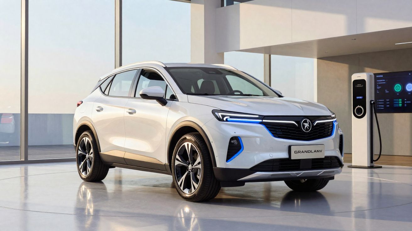 SUV elétrico branco estacionado em zona interior moderna com estação de carregamento ao fundo.