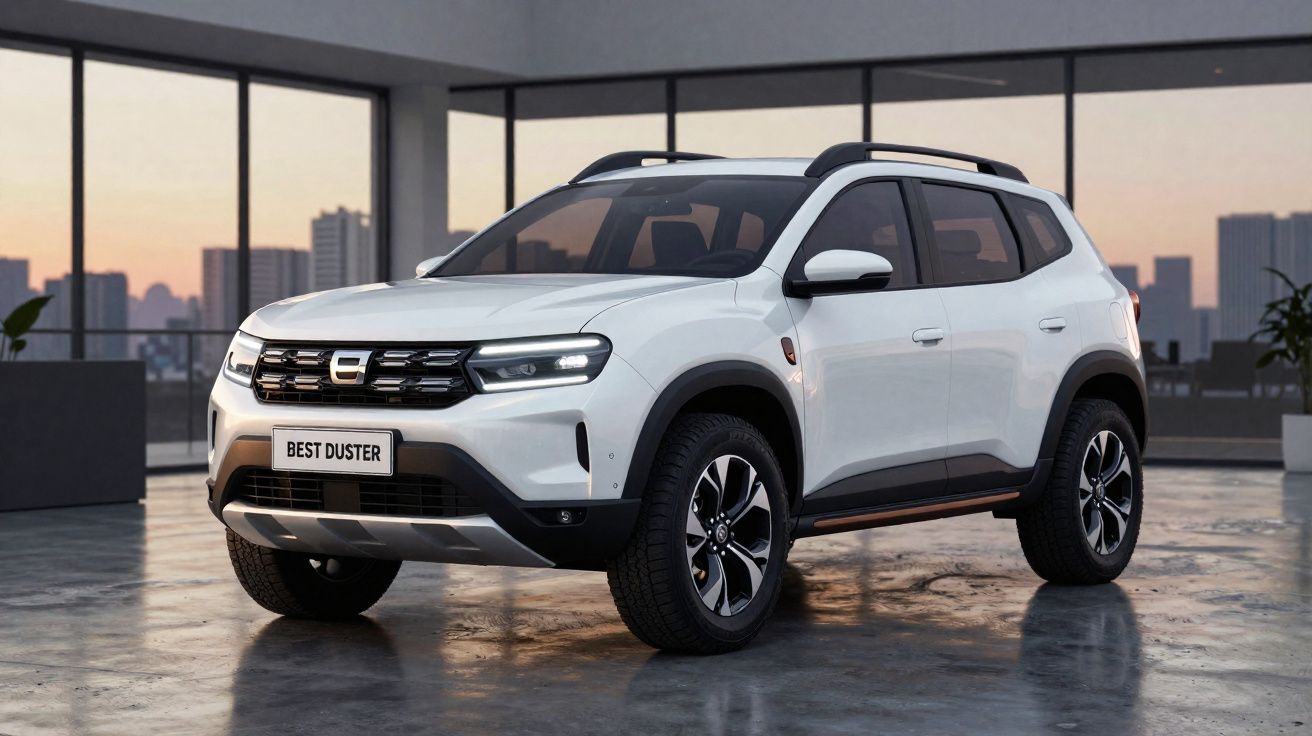 SUV branco Dacia Best Duster estacionado em piso polido, com edifícios ao fundo ao pôr do sol.