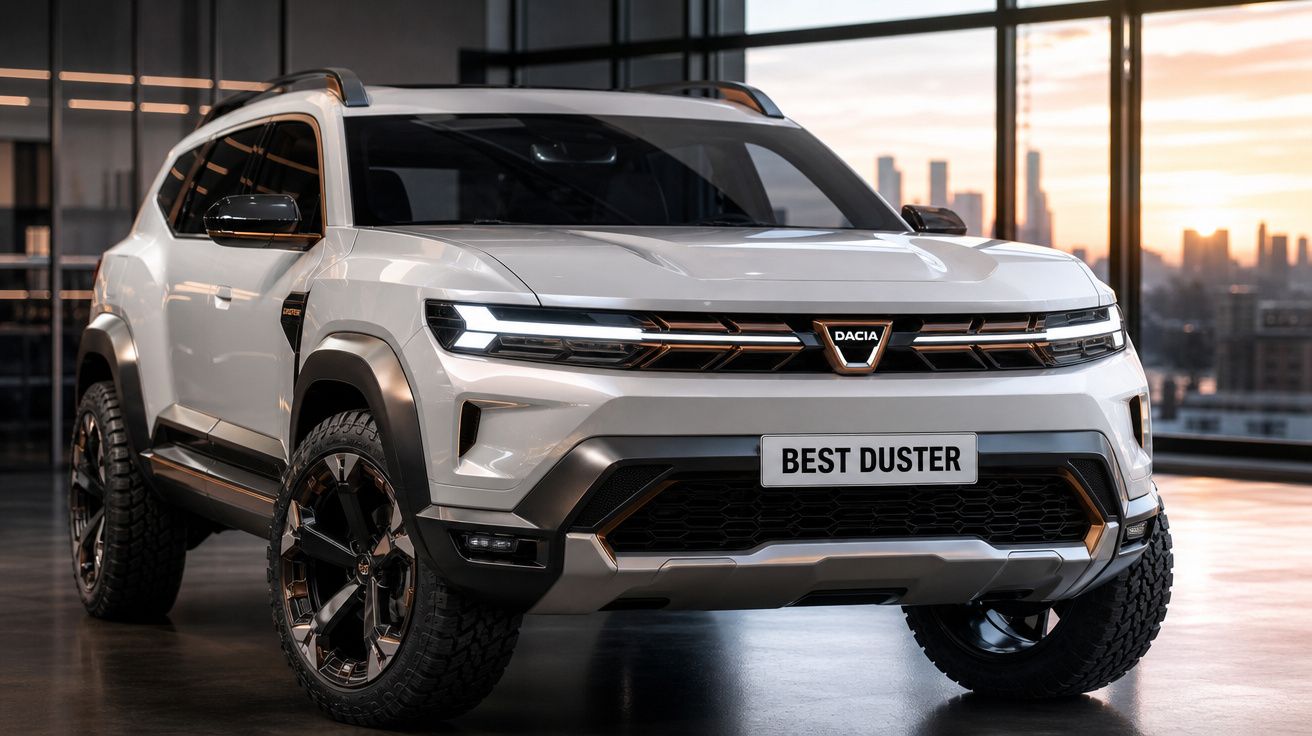 SUV branco Dacia Best Duster estacionado dentro de um edifício com janelas grandes ao pôr do sol.