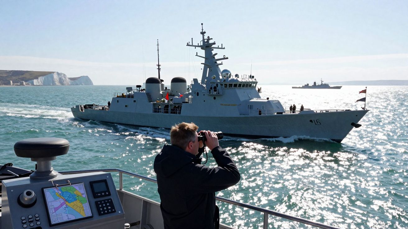 Homem em barco naval observa com binóculos fragata militar que navega em mar calmo, com falésias ao fundo.
