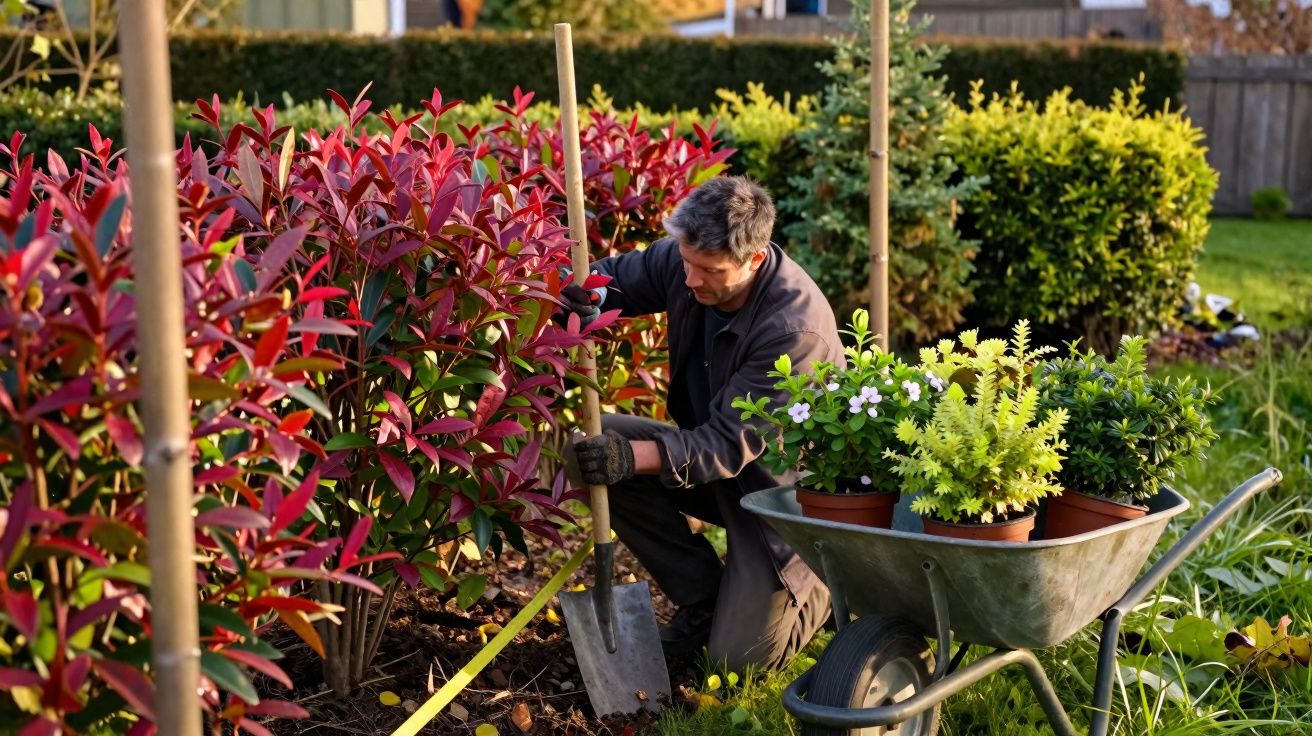 Homem a cuidar de arbustos vermelhos num jardim com carrinho de mão cheio de plantas.