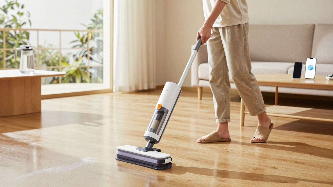 Pessoa a limpar chão de madeira clara com esfregona elétrica branca numa sala luminosa.
