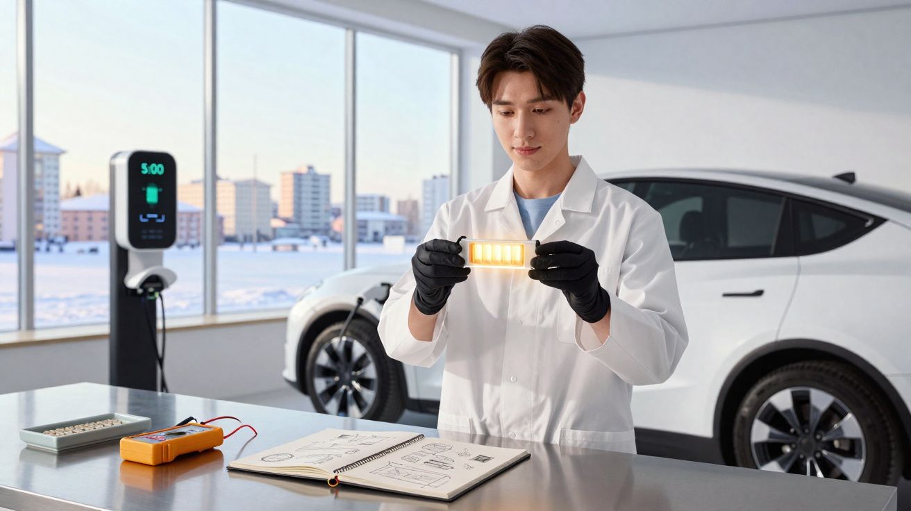 Cientista de bata branca examina bateria LED em laboratório com carro elétrico e caderno de projetos ao fundo.