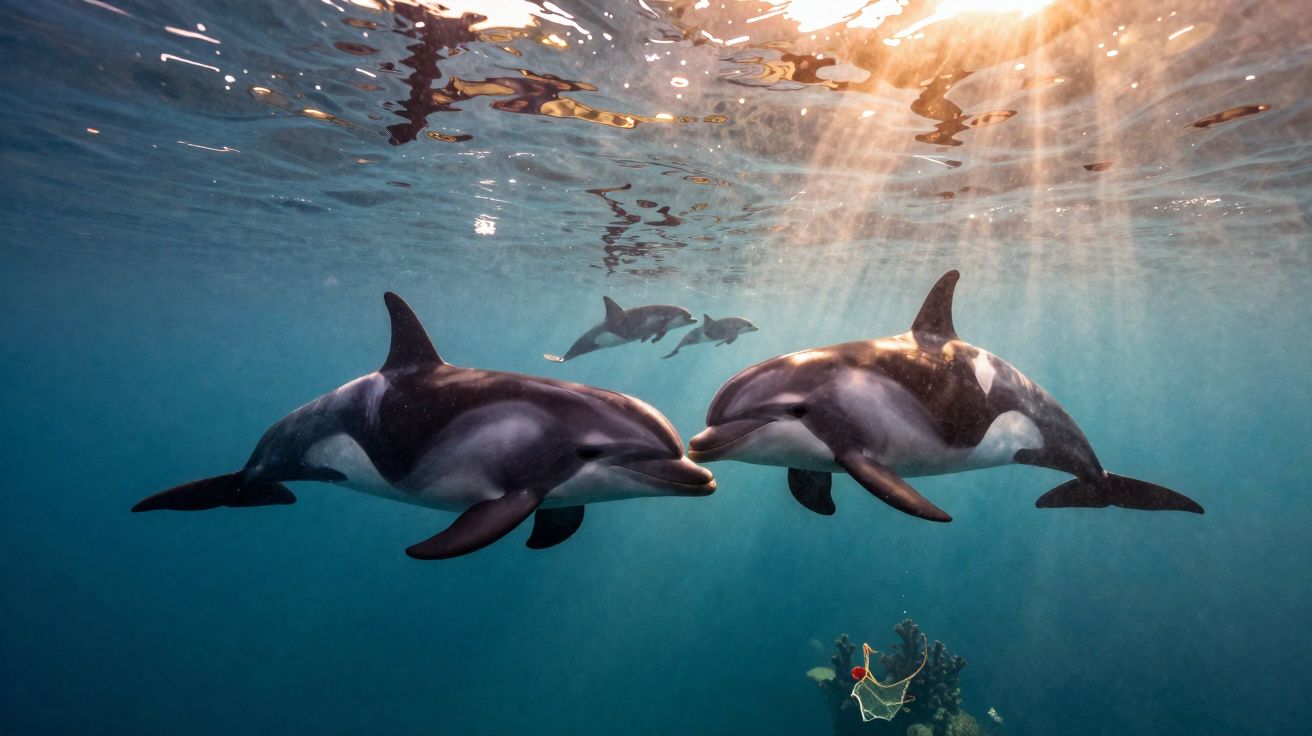 Dois golfinhos nadam perto da superfície do oceano com luz solar a penetrar na água.