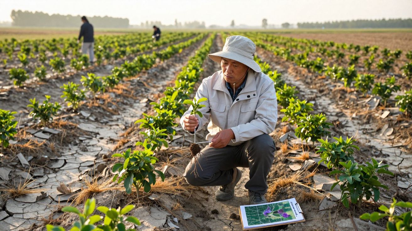 Agricultor a examinar planta jovem num campo agrícola com outras pessoas a trabalhar ao fundo.