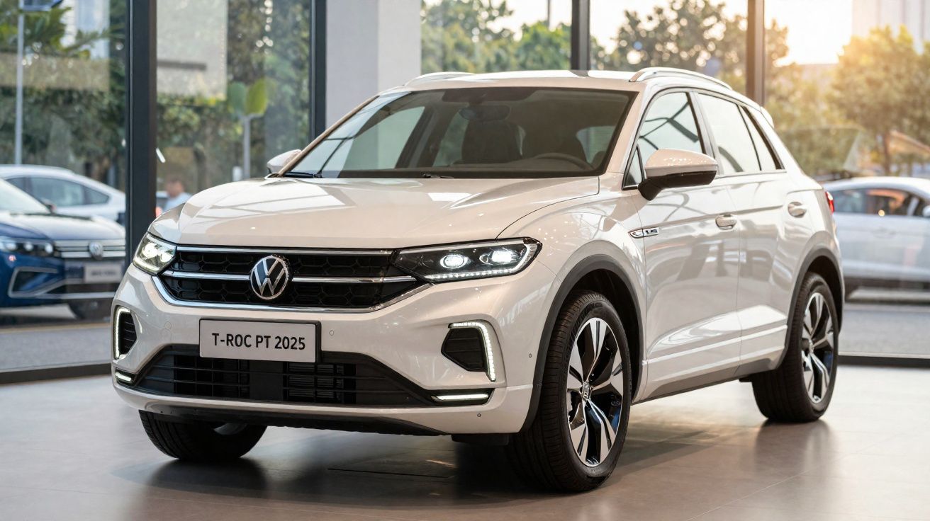 Volkswagen T-Roc branco estacionado em exposição com faróis LED ligados e ambiente interior moderno.