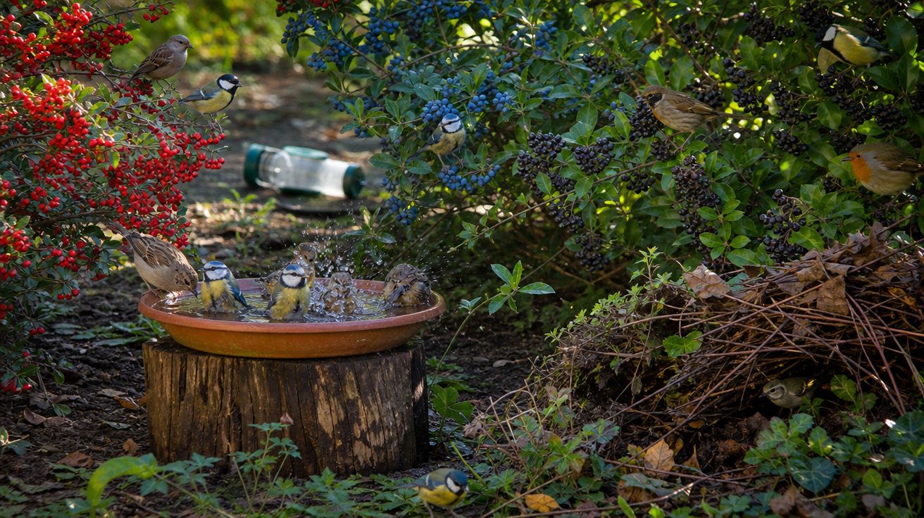 Vários pássaros a beber e a tomar banho numa bacia com água num jardim com arbustos e bagas.