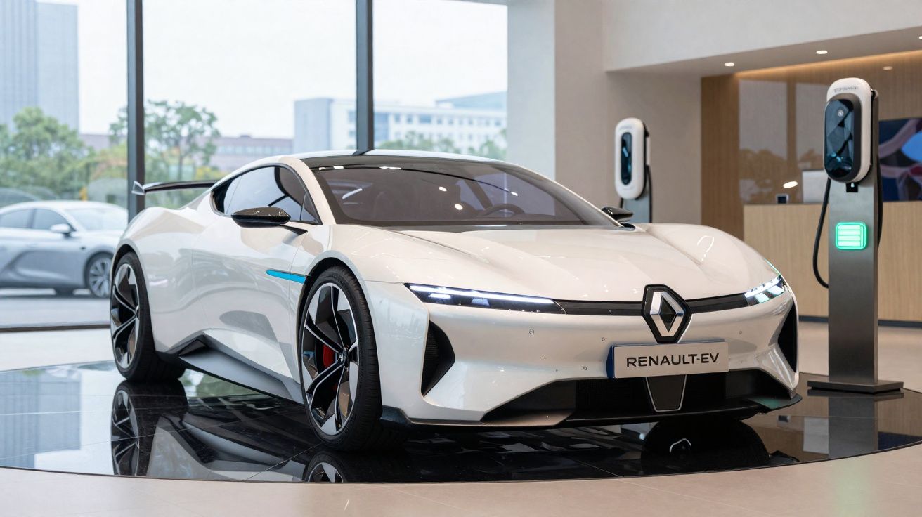 Carro elétrico branco Renault EV exposto em showroom moderno, com estação de carregamento ao lado.