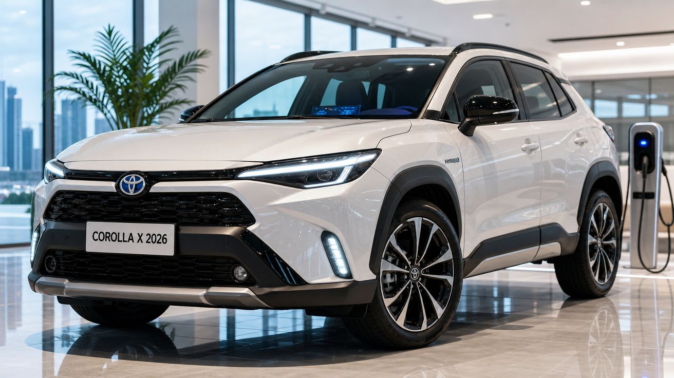 Toyota Corolla X 2026 híbrido branco, SUV elétrico em showroom moderno com carregador ao fundo.