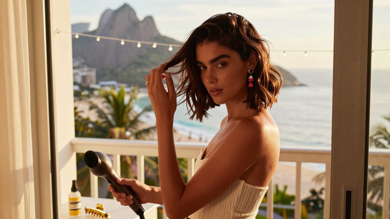 Mulher a secar o cabelo numa varanda com vista para a praia e montanhas ao pôr do sol.