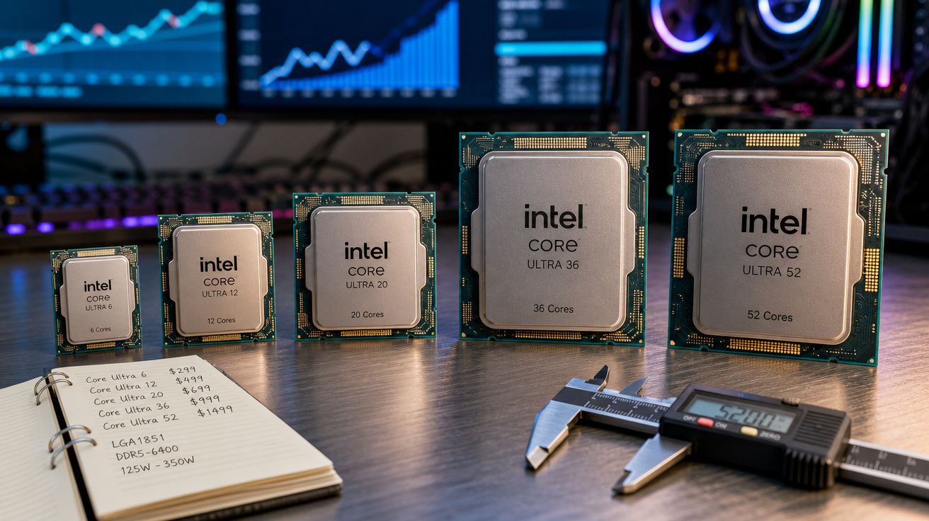 Cinco processadores Intel Core Ultra com diferentes números de núcleos alinhados em cima de uma mesa.