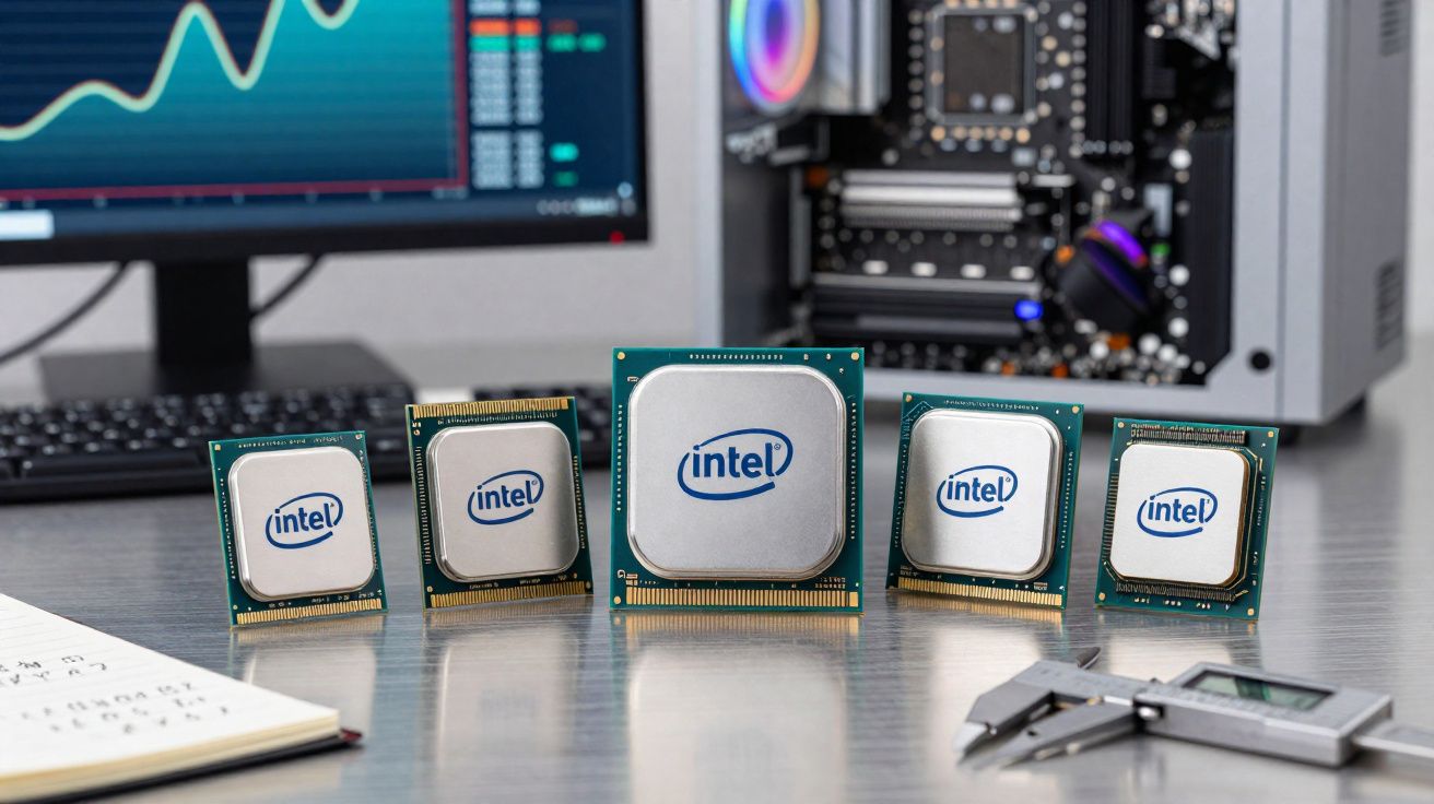 Cinco processadores Intel de diferentes tamanhos alinhados sobre uma mesa com computador e caliper ao fundo.