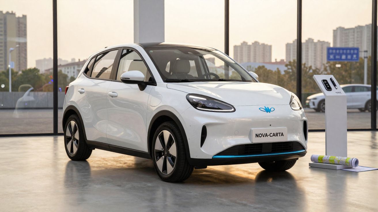 Carro eléctrico branco modelo NOVA-CARTA estacionado num espaço interior moderno com paredes de vidro.