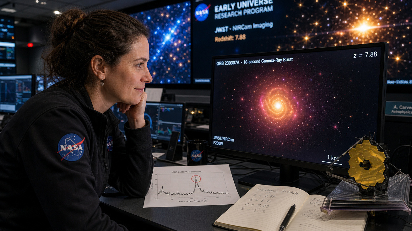 Mulher observando no laboratório imagem de galáxia e dados científicos no ecrã, com modelo do telescópio James Webb.