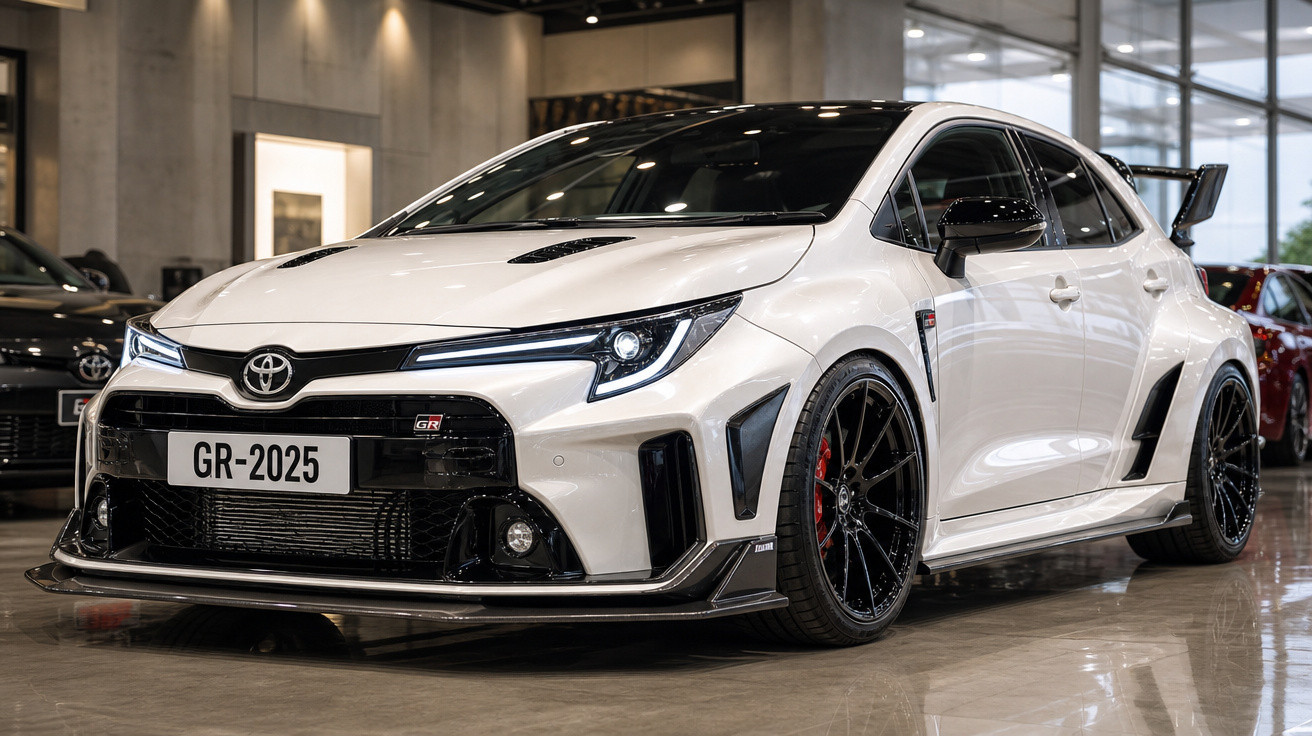 Automóvel desportivo Toyota GR Corolla branco em exposição interior com jantes pretas largas.