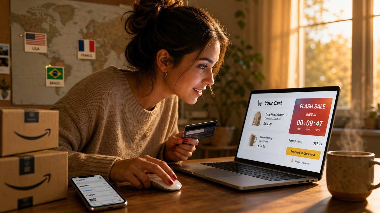 Mulher a fazer compras online com cartão de crédito num portátil, no ambiente de casa, com luz natural.