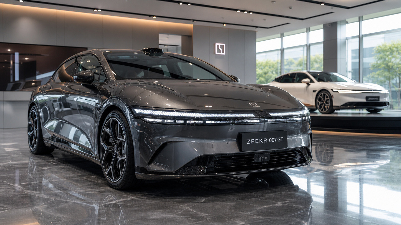 Carro elétrico preto ZEEKR 007 GT exibido em showroom moderno com outro carro branco ao fundo.