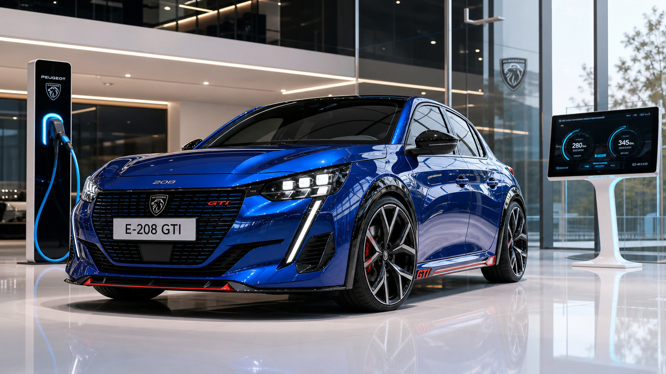 Peugeot E-208 GTI azul elétrico exposto em showroom moderno com estação de carregamento e ecrã digital.