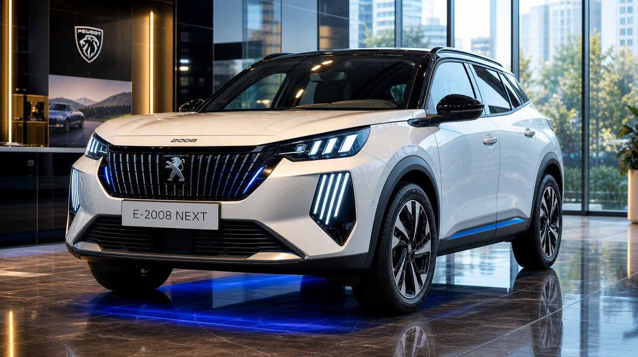 Peugeot E-2008 Next branco exposto em showroom moderno com iluminação azul no chão e vista urbana ao fundo.