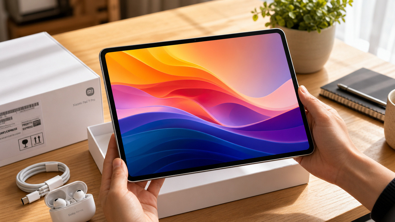 Pessoa a segurar um tablet Xiaomi Pad 7 Pro junto à caixa aberta e acessórios numa mesa de madeira.