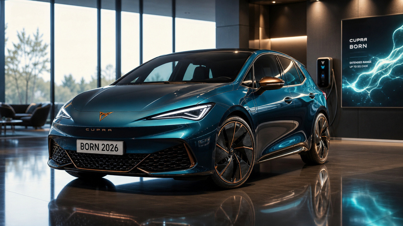 Carro elétrico Cupra Born 2026 azul numa sala moderna com bateria a carregar na parede.