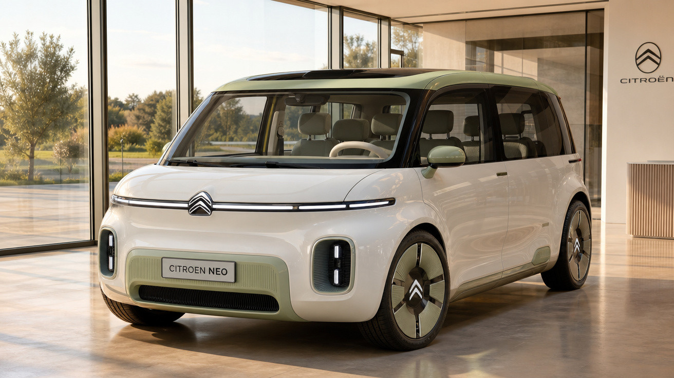 Veículo Citroën Neo branco estacionado num espaço interior com janelas amplas e luz natural suave.