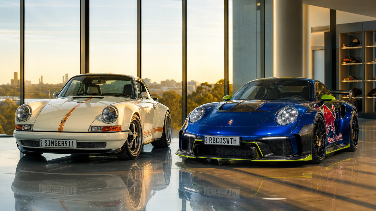 Dois carros desportivos Porsche estacionados em interior com grandes janelas e vista urbana ao pôr do sol.
