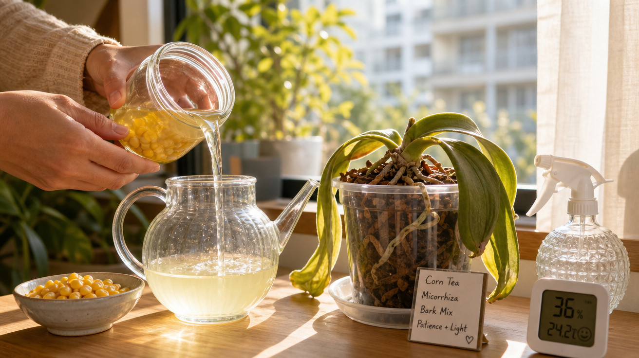 Pessoa a despejar chá de milho numa jarra de vidro em ambiente com plantas e luz natural.
