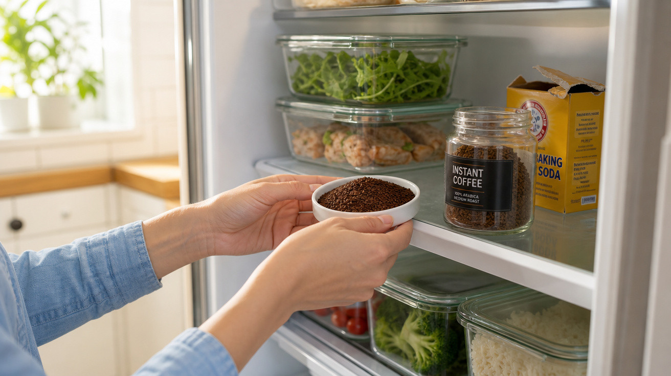 Mãos a colocar recipiente com café solúvel numa prateleira de frigorífico com alimentos frescos em recipientes transparentes.
