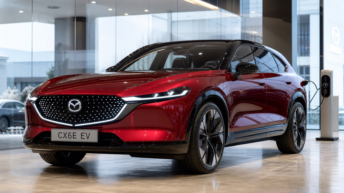 Carro elétrico Mazda CX-6E EV vermelho em carregamento numa estação dentro de um edifício moderno.