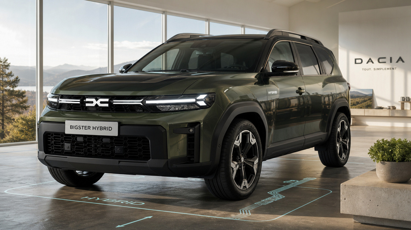 SUV Dacia Bigster Hybrid verde, em exposição num espaço interior moderno com janelas grandes.