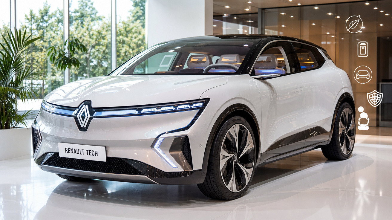 Carro elétrico branco Renault Tech exposto em ambiente moderno com luz natural.