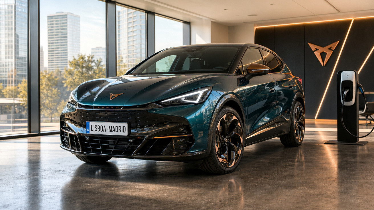 Carro elétrico preto e verde numa garagem moderna com carregador e janela ampla de vidro, luz natural.