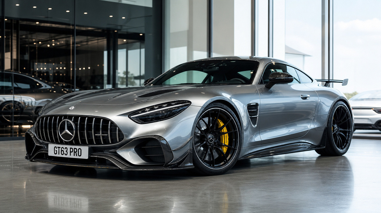 Carro desportivo Mercedes-Benz cinzento metálico com jantes pretas e travões amarelos, estacionado em interior moderno.
