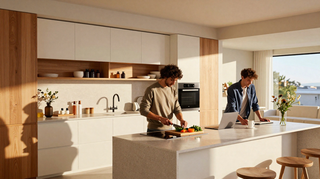 Cozinha moderna com móveis brancos e madeira, dois homens, um a cortar legumes e outro a trabalhar no computador.