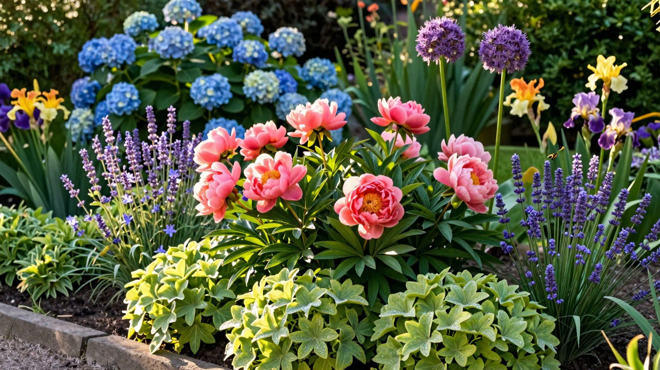 Jardim colorido com peónias cor-de-rosa, hortênsias azuis, lavanda e outras flores variadas.