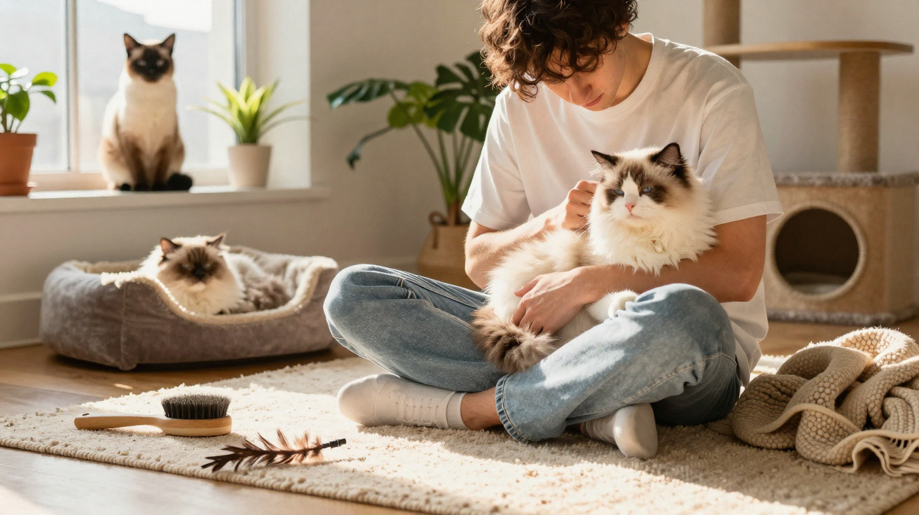 Jovem sentado no chão a acariciar gato branco e castanho, com dois gatos ao fundo numa sala iluminada.