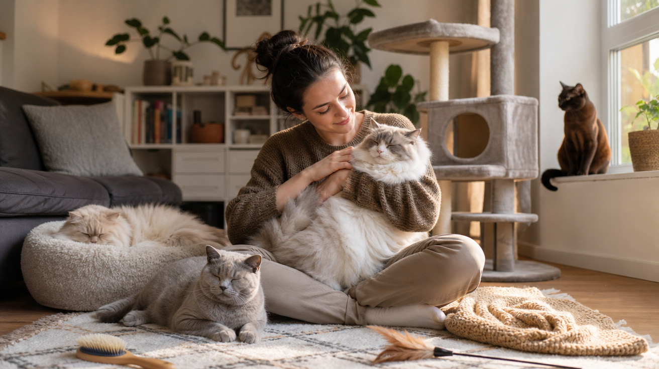 Mulher sentada no chão a acariciar gato grande, com outros três gatos à sua volta numa sala acolhedora.