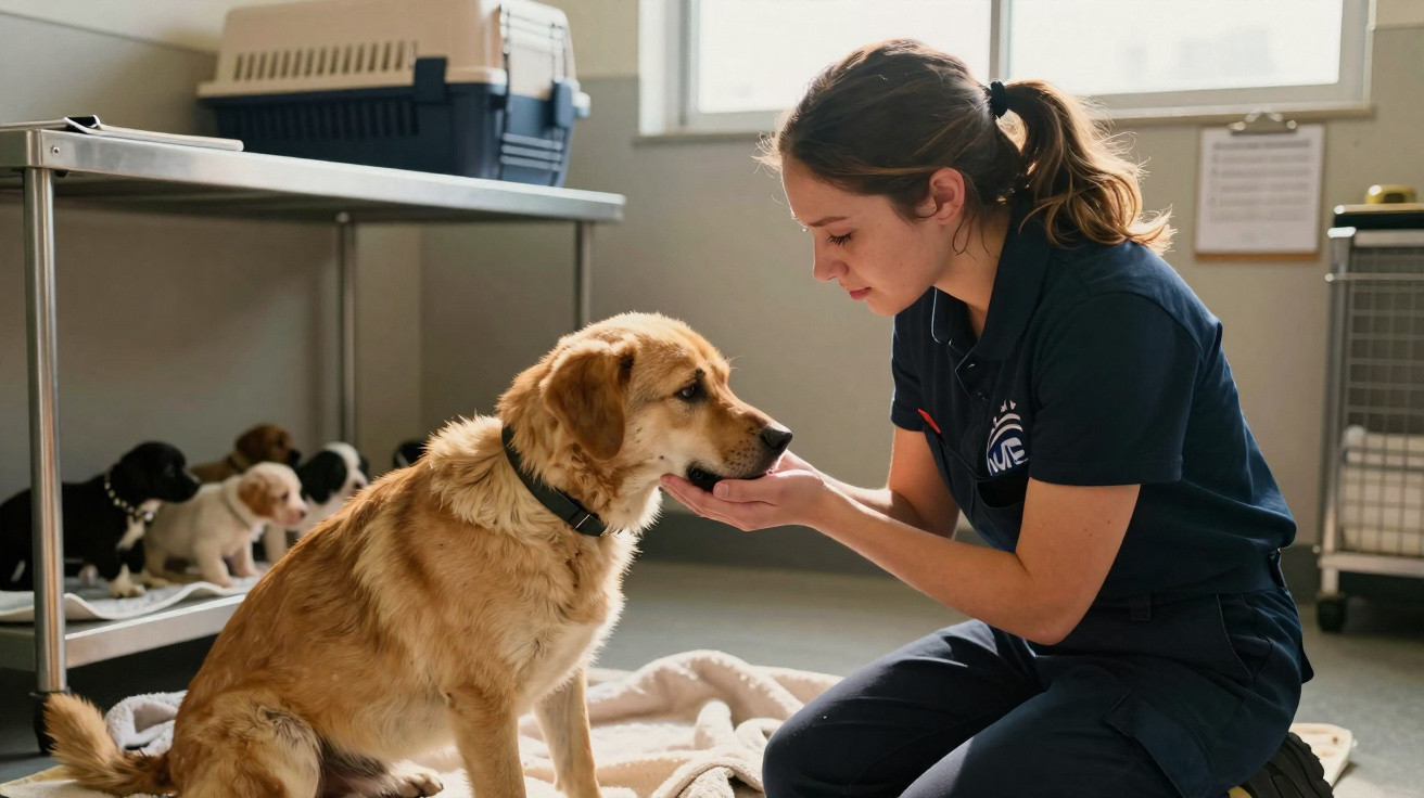 Mulher veterinária a acariciar um cão castanho num espaço clínico com várias gaiolas e cães ao fundo.
