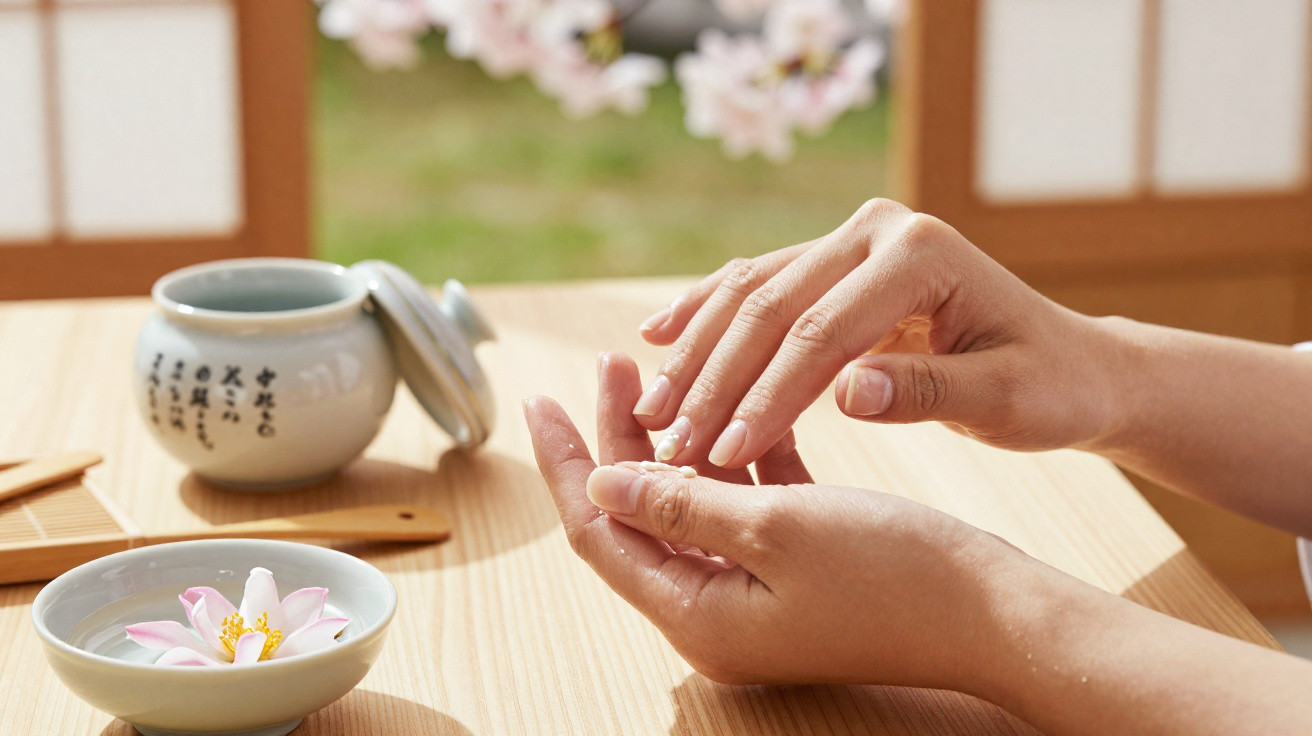 Mãos femininas aplicando creme num ambiente tranquilo com jarra de cerâmica e flor rosa na tigela.