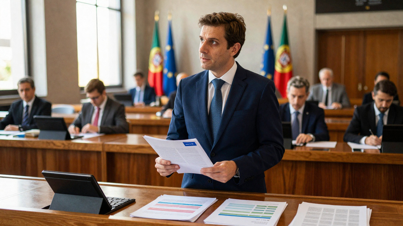 Homem de fato azul numa reunião formal com documentos e bandeiras de Portugal ao fundo.