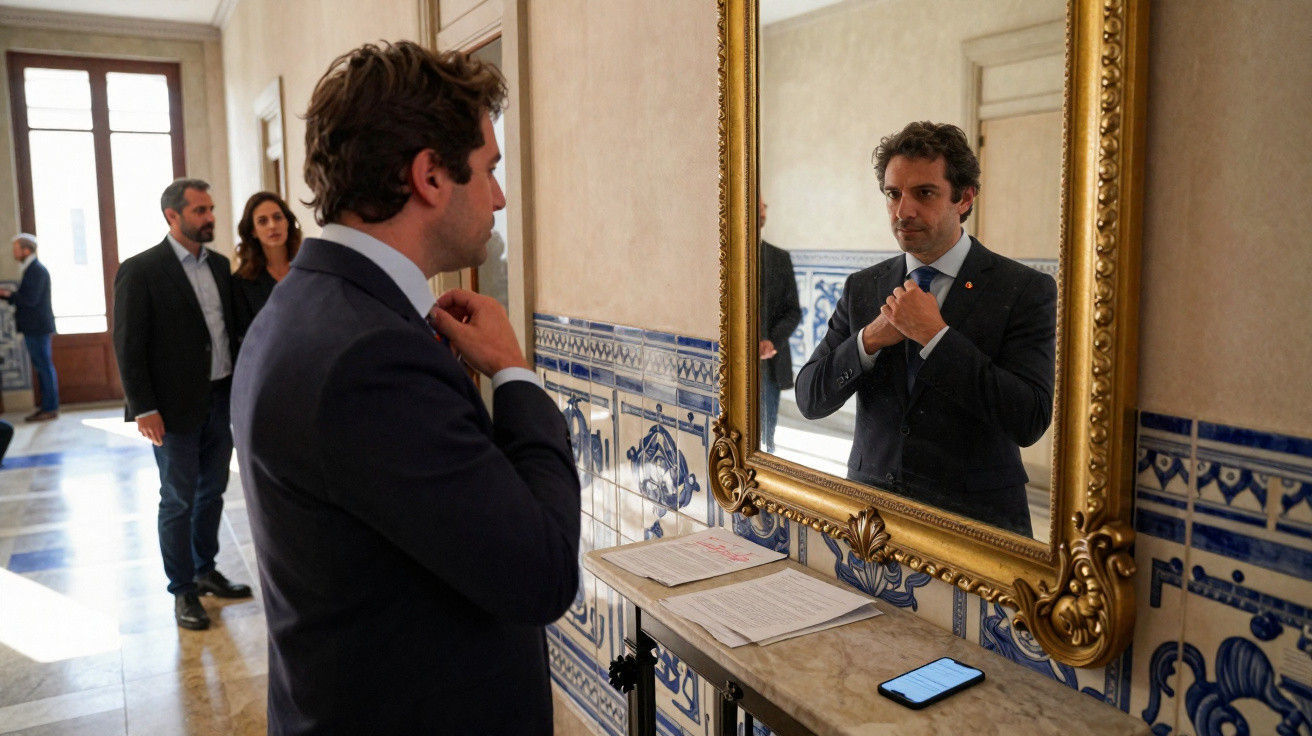 Homem de fato a ajustar gravata diante de espelho antigo num corredor com azulejos portugueses.