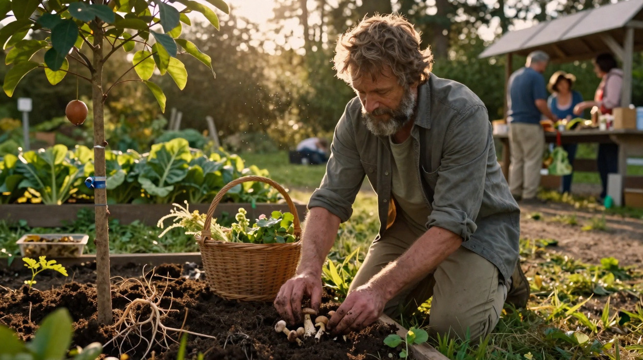 Homem com barba recolhe cogumelos num jardim comunitário ao pôr do sol, com cesta e outras pessoas ao fundo.