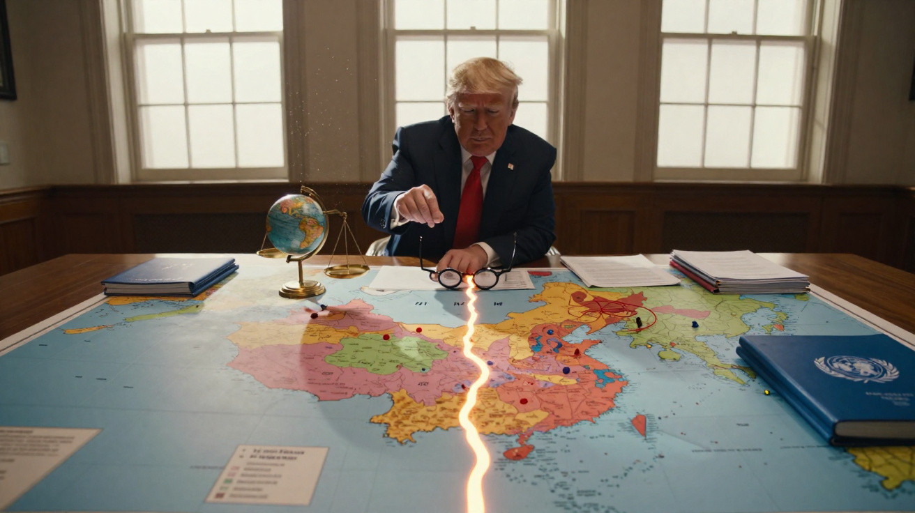 Homem sentado à mesa com mapa do mundo, apontando para linha luminosa no mapa, junto a globo e documentos.