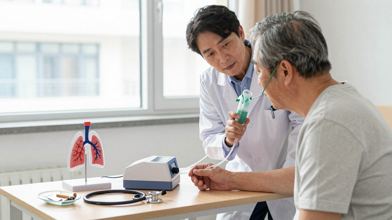 Médico avalia paciente idoso com aparelho para ajudar na respiração numa consulta médica.