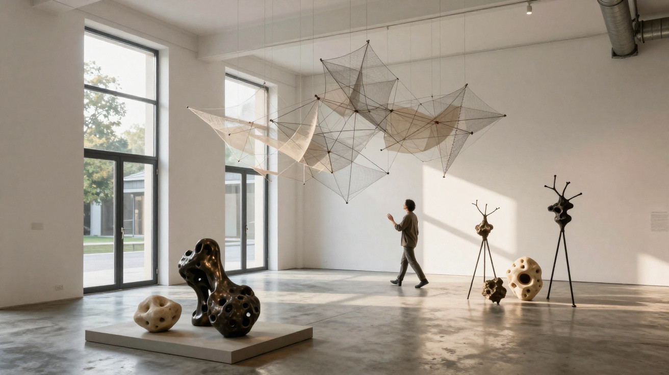 Galeria de arte com esculturas abstratas orgânicas em chão e suspensas, com visitante a observar.
